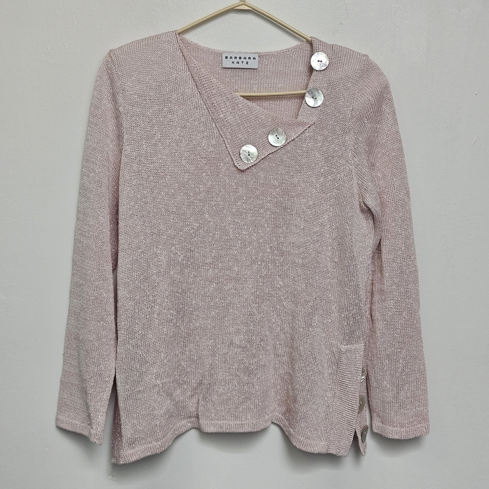 Vintage Barbara Katz Feather Pink Sz M Lenin Blend Knit Bliuse Shell Button